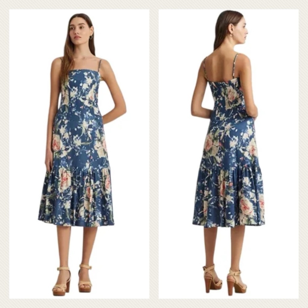 Lauren Ralph Lauren Blue Floral Linen Blend Sleeveless Midi Dress Size 14